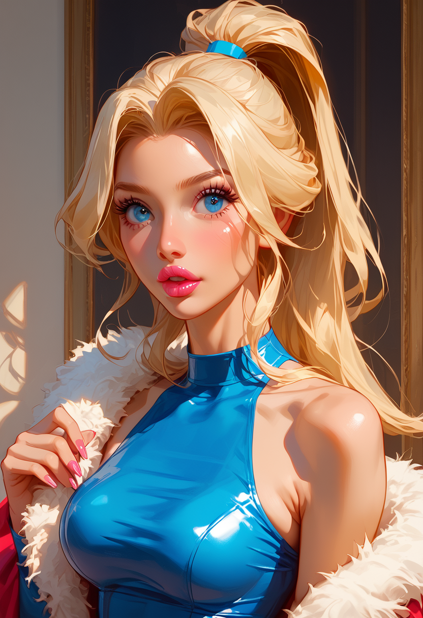 ai_generated blonde_hair blue_dress blue_eyes female fur_coat ponytail