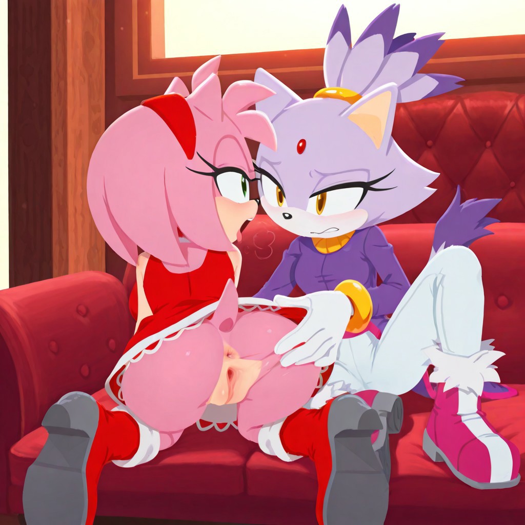 2girls, ai generated, amy rose, anus, ass, blaze the cat, cat girl, catgirl, female, hedgehog girl, multiple females, multiple girls, no panties, no underwear, princess, pussy, sonic (series), sonic the hedgehog (archie), sonic the hedgehog (comics), sonic the hedgehog (idw), sonic the hedgehog (series), thesoniks, vagina, yuri