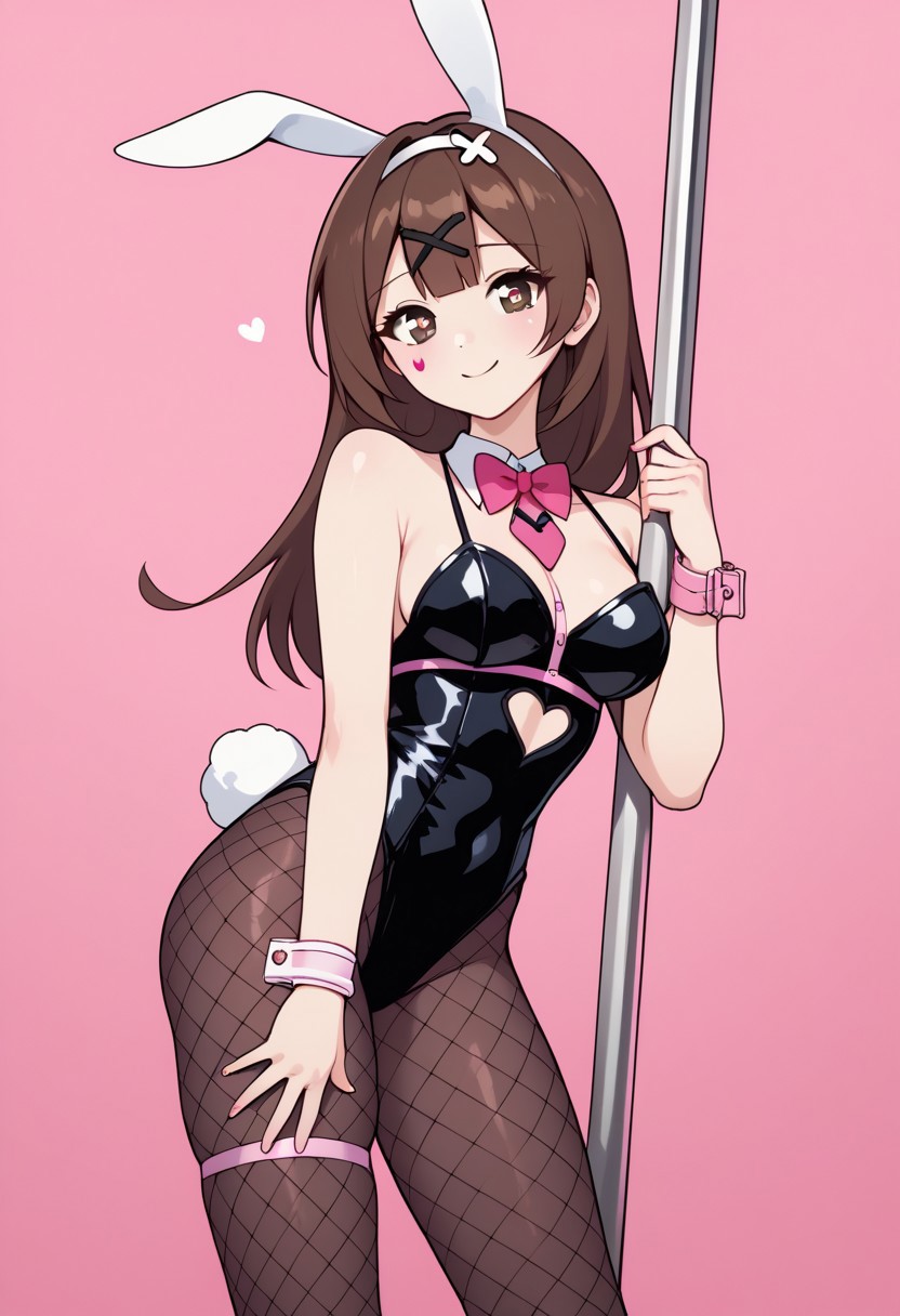 1female ai_generated brown_eyes brown_hair bunny_ears bunnysuit cosplay emily_sim emirichu female hatsune_miku_(cosplay) long_hair pink_background pole rabbit_hole_(deco*27/caststation) rabbit_hole_(vocaloid) solo solo_female vocaloid youtube youtuber