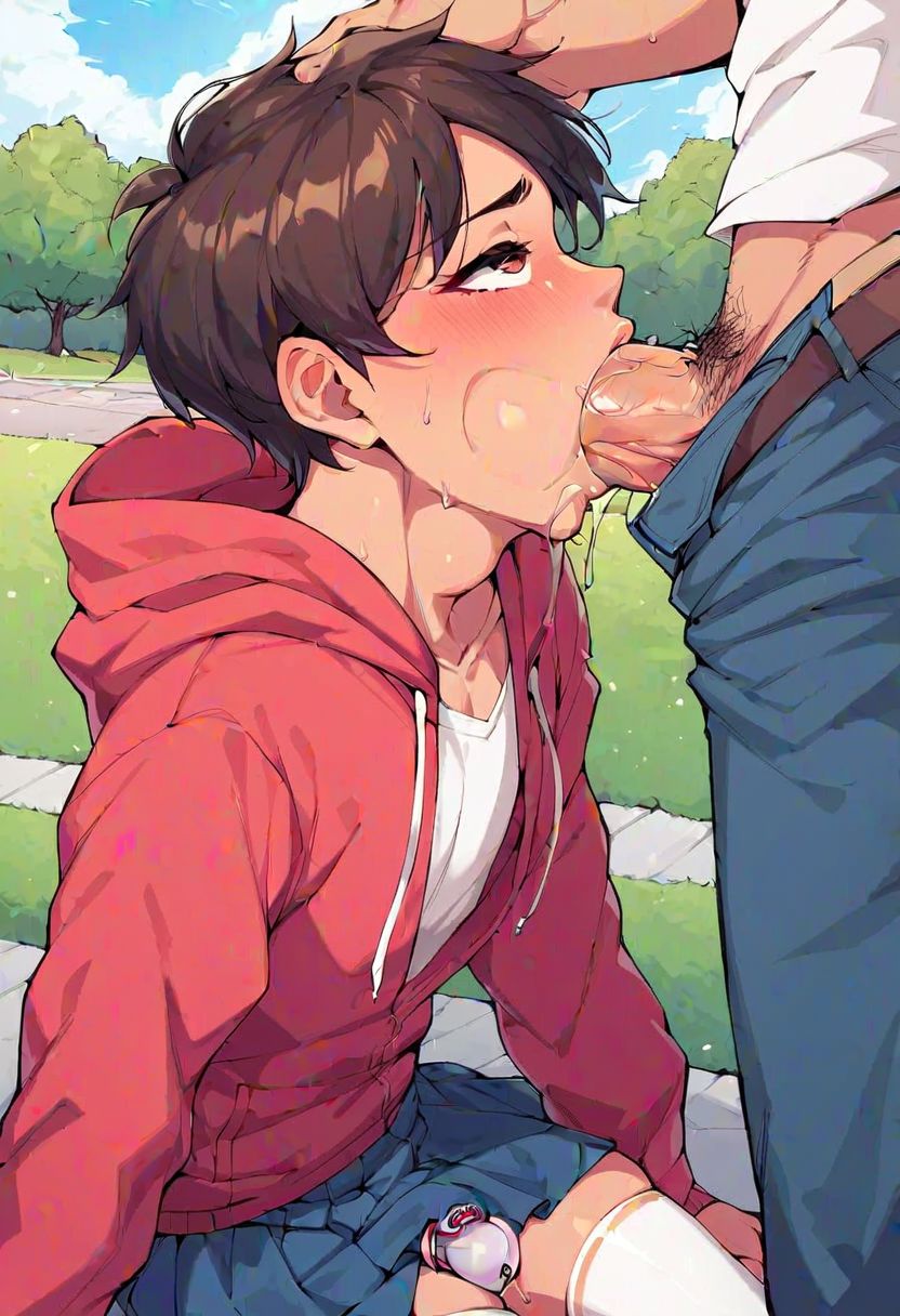 ai_generated alternate_version_available brown_hair chastity_cage crossdressing fellatio femboy legwear marco_diaz money69420 no_panties outdoors outside skirt star_vs_the_forces_of_evil yaoi