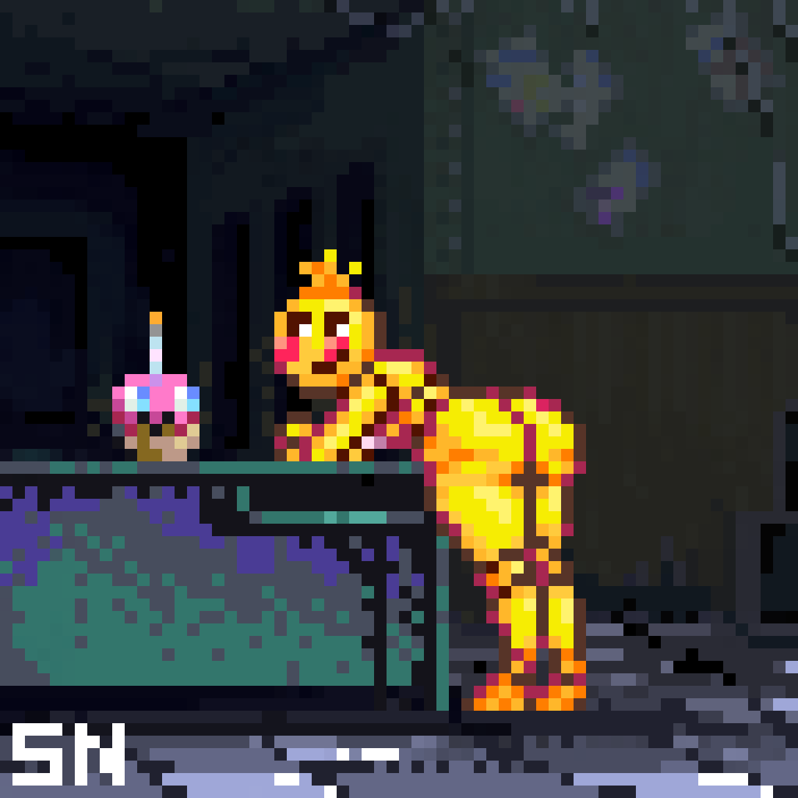 ass cupcake_(fnaf) five_nights_at_freddy's five_nights_at_freddy's_2 fnaf fnaf_2 leaning_forward leaning_on_table looking_back office office_desk pixel_(artwork) pixel_art pixelated plump_ass presenting presenting_hindquarters shadowy_neomaniac thick_ass tiled_floor toy_chica_(fnaf) yellow_ass yellow_body yellow_fur