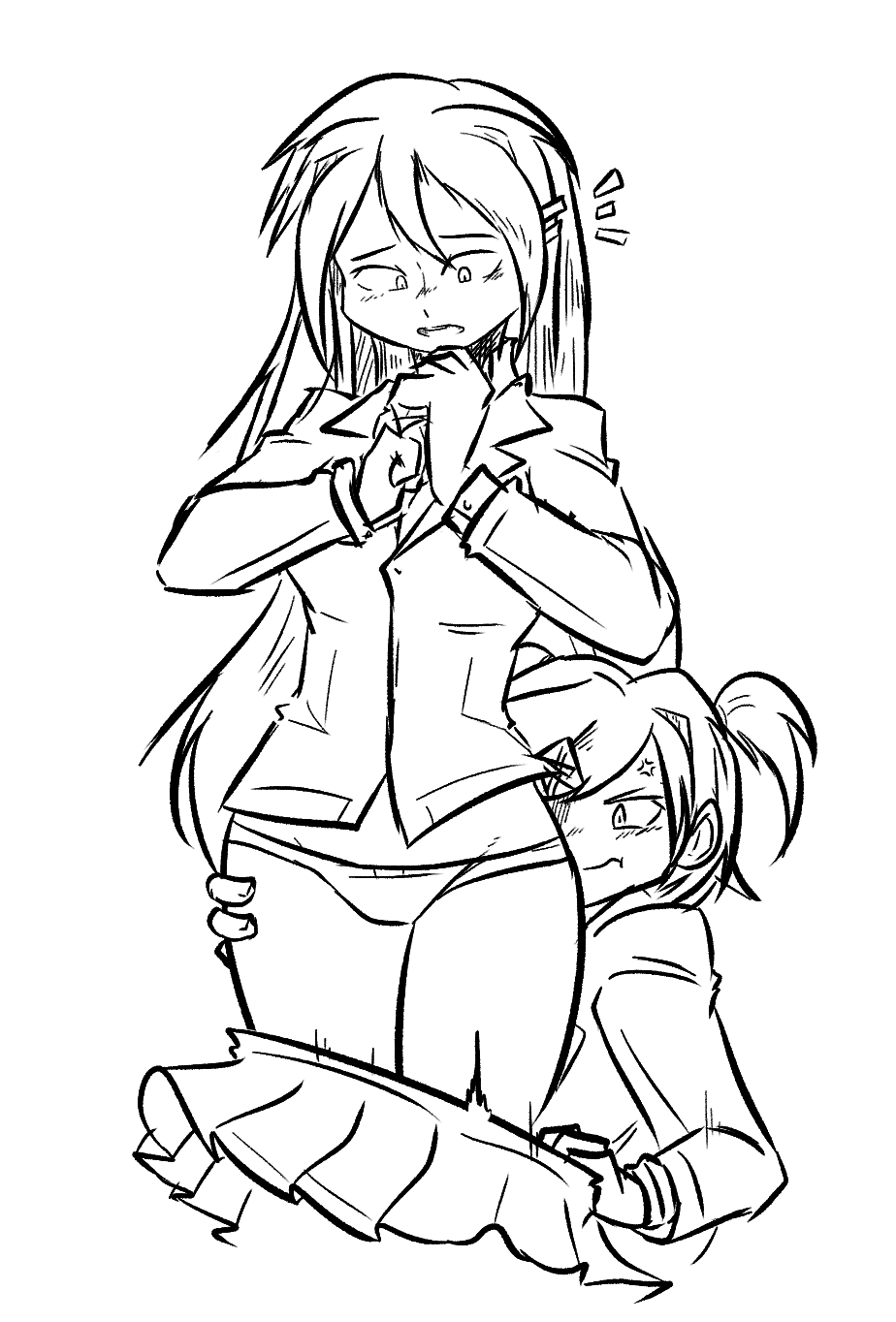 2girls black_and_white doki_doki_literature_club embarrassed_underwear_female euf female gen0mixxx human human_only light-skinned_female light_skin motion_blur natsuki_(doki_doki_literature_club) panties sketch skirt yuri yuri_(doki_doki_literature_club)