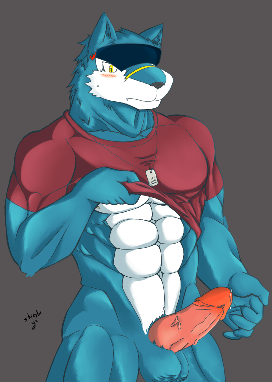 1boy abs anthro balls bulge canine clothed clothing cum cum_on_penis digimon erection fur half-dressed looking_down machgaogamon male male_only mammal manly muscles navel necklace nipples pecs penis precum shinobiya shirt solo standing thick_penis vein veiny_penis wolf