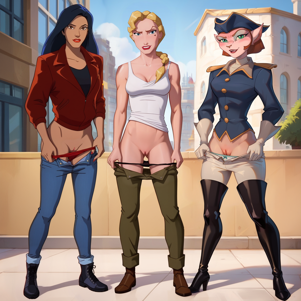 3girls ai_generated alien_girl anthro atlantis:_the_lost_empire black_boots black_hair black_panties black_shirt black_shoes blonde_female blonde_hair blue_eyes blue_jeans boots braid brown_eyes brown_shoes buttons captain_amelia captain_hat city city_background cleavage clothed clothed_female clothing crop_top crossover dark-skinned_female dark_skin detective disney disney_villains elisa_maza epaulettes exposed_pussy feline_humanoid female female_only flashing_pussy gargoyles gloves green_eyes green_pants helga_sinclair high_heels human human_female jacket jeans knee_boots light-skinned_female light_brown_hair light_skin long_hair long_sleeves looking_at_viewer mole_under_eye outdoors outside panties panties_down pants pants_pull pants_pulled_down pulling_clothing pulling_down_pants pulling_panties pulling_pants_down pussy red_jacket red_panties shaved_pussy shoes short_hair sleeveless smile standing treasure_planet uniform uzzlegorf white_gloves white_panties white_pants