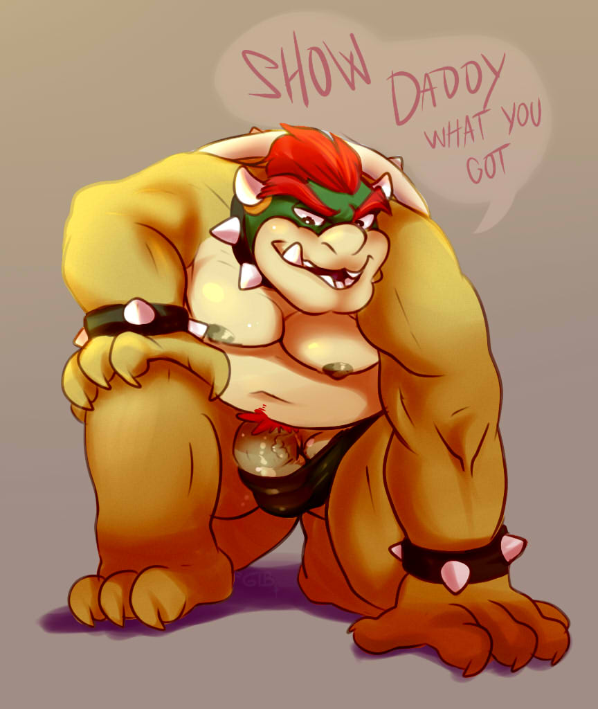 1boy anthro balls barely_contained bowser bulge clothing collar crouching dialogue english_text glitter_trap_boy grey_background half-erect humanoid_penis koopa looking_at_viewer male male_only mario_(series) moobs musclegut navel nintendo nipples open_mouth penis penis_slip pubes scalie signature simple_background solo speech_bubble speedo spiked_bracelet spiked_collar swimsuit talking_to_viewer text vein veiny_penis video_games vpl