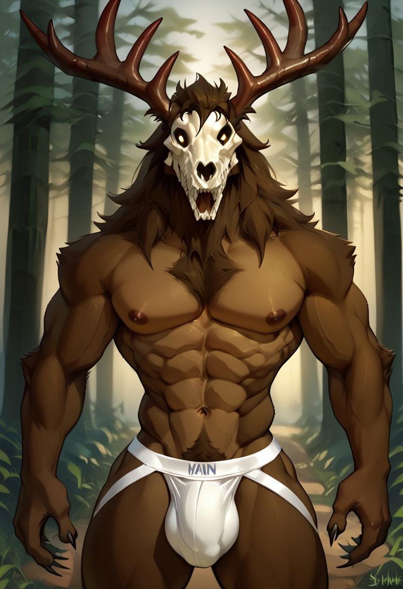 abs ai_generated antlers biceps blush bulge folklore furry gay jockstrap jockstrap_only looking_at_viewer male male_only muscular muscular_male nude_male skull_head toned_body toned_male twall97 wendigo