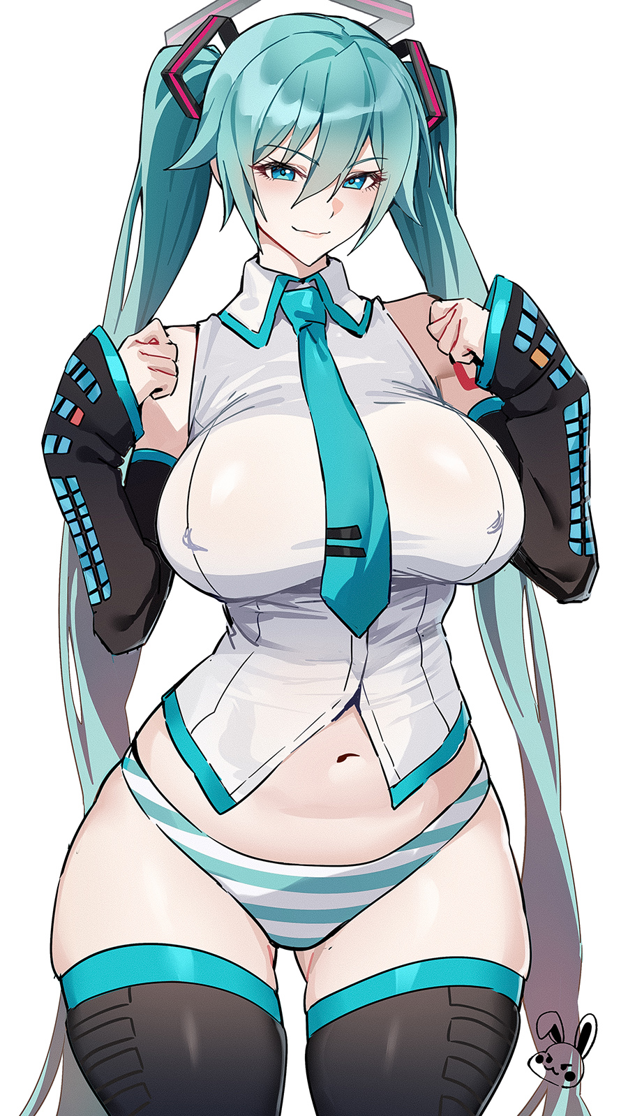 1girls aqua_necktie big_breasts black_thighhighs blue_archive celyn404 clenched_hand collared_shirt detached_sleeves female green_eyes green_hair hair_ornament halo hatsune_miku highres large_pectorals lips long_sleeves looking_at_viewer navel necktie panties pectorals shirt simple_background sleeveless sleeveless_shirt sleeves_past_wrists smile solo striped_clothes striped_panties thighhighs twintails underwear vocaloid white_background white_shirt