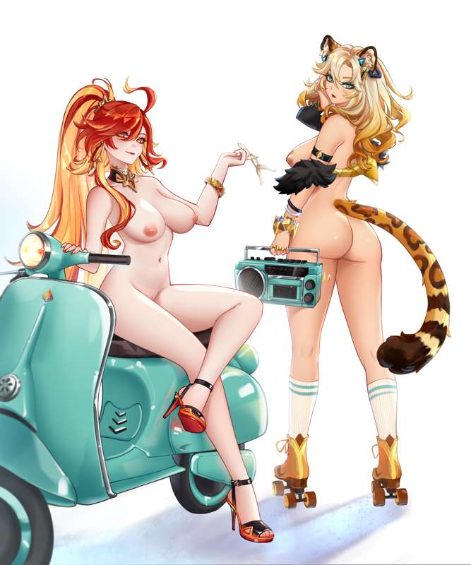 2girls animal_ears armwear blonde_hair boombox breasts bubble_butt calf_socks completely_nude completely_nude_female duo female female_only genshin_impact hair_down hair_up heels high_heels large_ass large_breasts lipstick looking_at_viewer looking_back makeup mavuika_(genshin_impact) moped motorcycle multicolored_hair multiple_girls naked naked_female neckwear ocelot on_motorcycle pink_nipples red_hair roller_skates spotted_fur spotted_tail tail white_background xilonen_(genshin_impact)