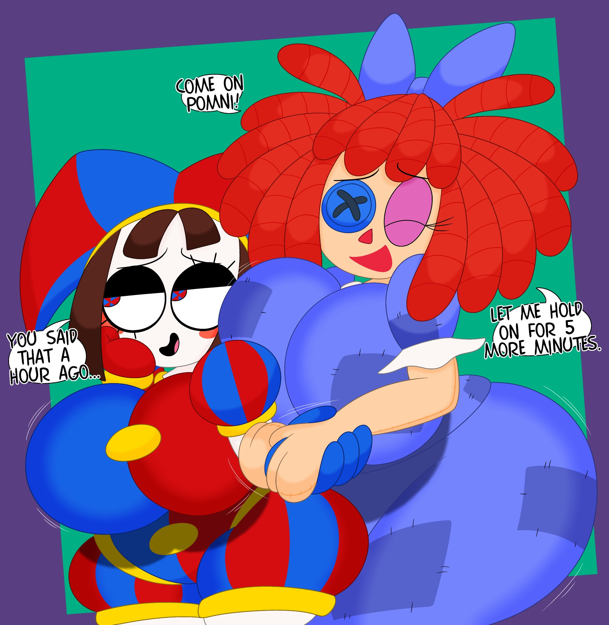 2girls, 3barts, big breasts, breasts, curvy, cute, english text, female, glitch productions, huge ass, huge breasts, pomni (the amazing digital circus), ragatha (the amazing digital circus), the amazing digital circus, wide hips, yuri