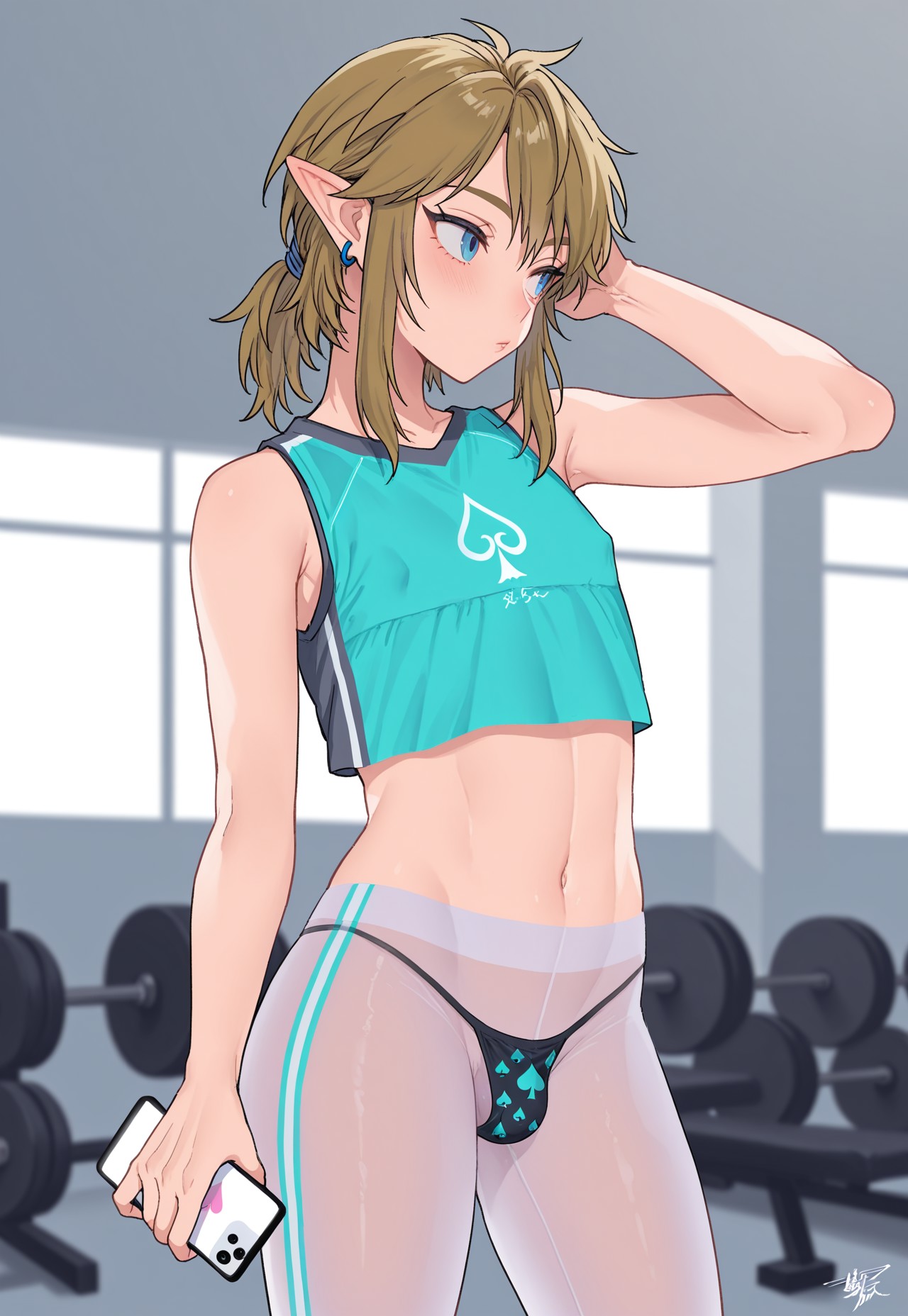 1boy, 1femboy, 2025, ai generated, blonde hair, blue eyes, blush, bulge, crossdressing, earrings, erect nipples, femboy, feminine male, girly, gym, leggings, link, looking away, male, nightcorezed, nipples, nipples visible through clothing, pointy ears, sissy, small bulge, solo, the legend of zelda, thong, trap, twink
