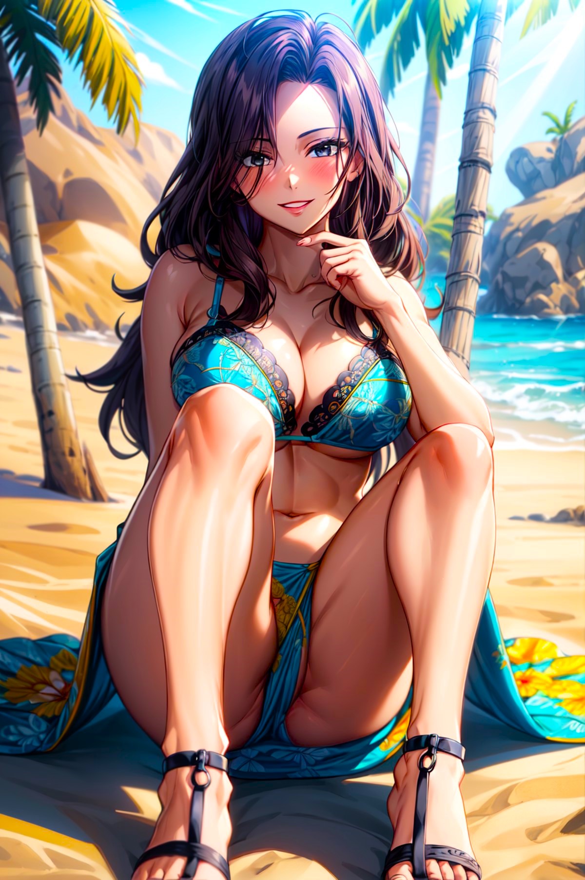 1girls ai_generated anime attractive babe beach beautiful beautiful_females big_breasts bikini blue_bikini brown_hair busty cana_alberona curvy_figure fairy_tail female_only floral_print floral_print_bikini high_heels island naughty_face navel palm_tree sea seaside seductive seductive_look sexy sitting skirt smile smiley_face stable_diffusion toongenai waves