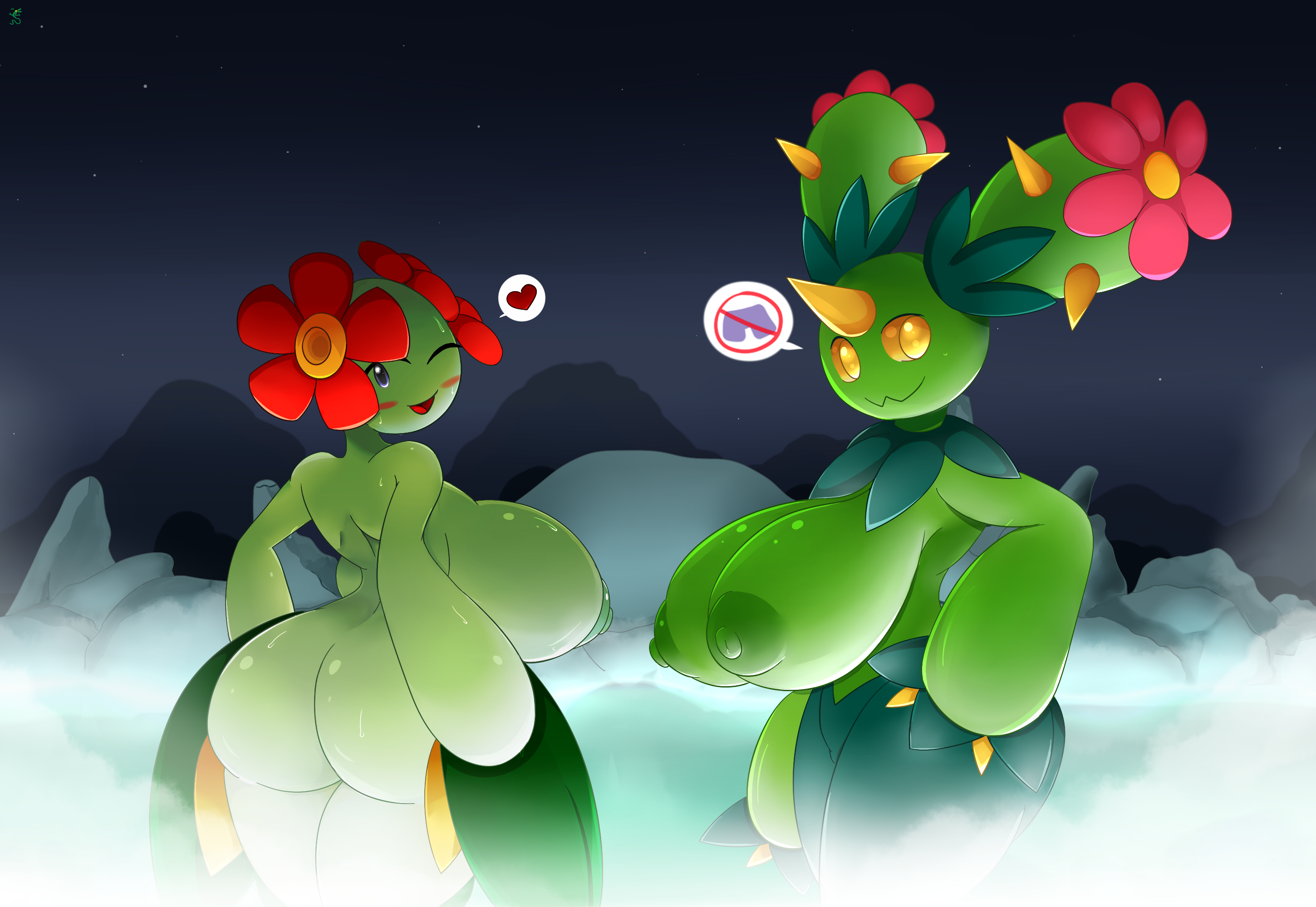 anthro, ass, bellossom, big ass, big breasts, big butt, breasts, cactus, female, flora fauna, flower, hot spring, huge breasts, humanoid, leaves, maractus, metachoke, nintendo, nipples, nude, plant, plant girl, plantie, pokemon, steam, sweat, thorns, video games, voluptuous, water, wide hips