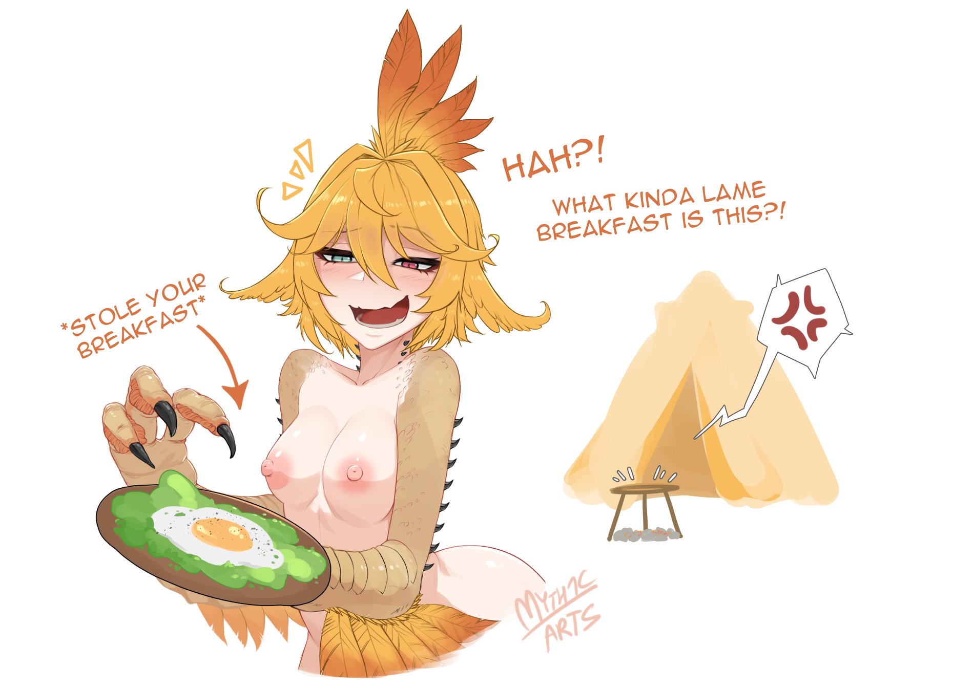1girls, areolae, blonde hair, blue eyes, breasts, dokibird, female, female only, heterochromia, indie virtual youtuber, kulu-ya-ku, light skin, light-skinned female, medium breasts, monster hunter, myth1c, myth1carts, nipples, open mouth, red eyes, solo, upper body, virtual youtuber