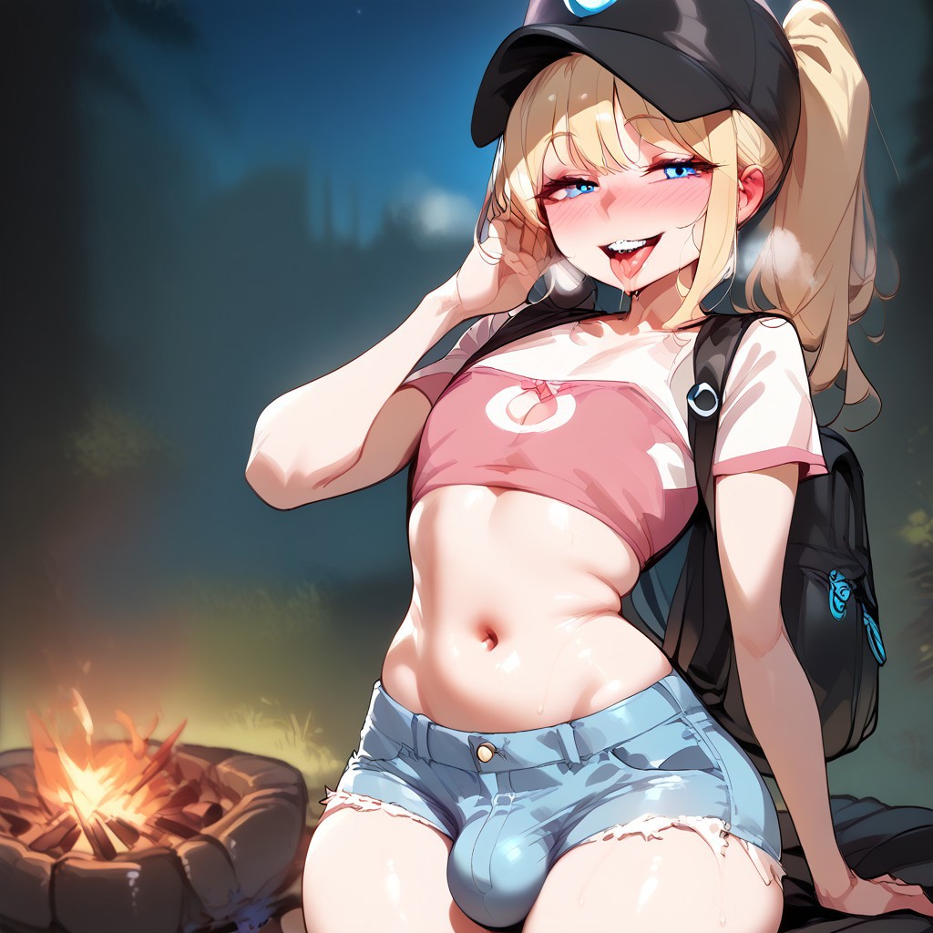 ai_generated backpack black_hat blonde_hair blue_eyes blush braces bulge campsite femboy flat_chest gay hi_res horny pink_crop_top shorts smile solo sticking_out_tongue twink