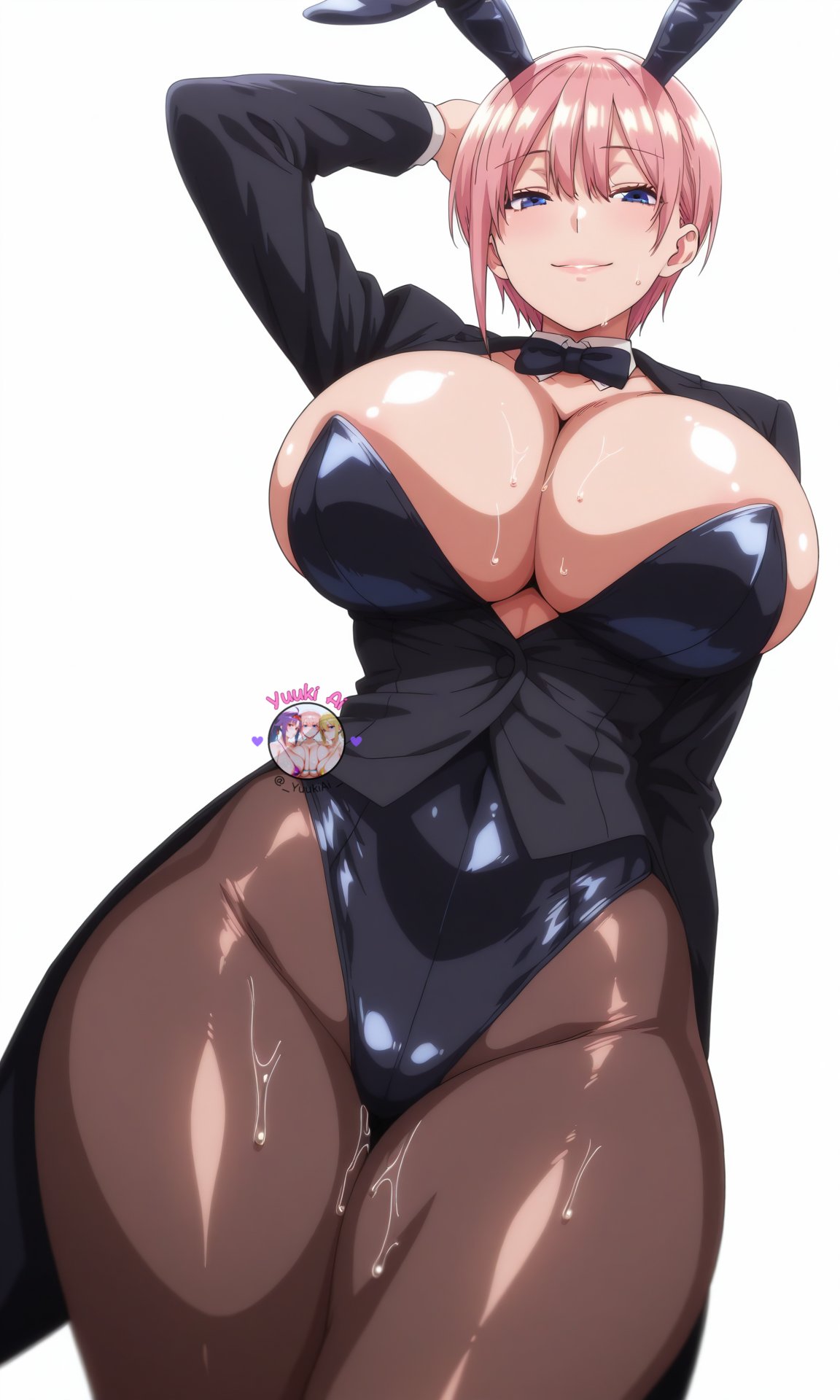 1girls, ai generated, armpits, breasts, bunny ears, bunnysuit, female, female focus, female only, go-toubun no hanayome, huge breasts, large breasts, light skin, light-skinned female, looking at viewer, nakano ichika, pink hair, shiny skin, short hair, thick thighs, thighs, wide hips, yuukiai