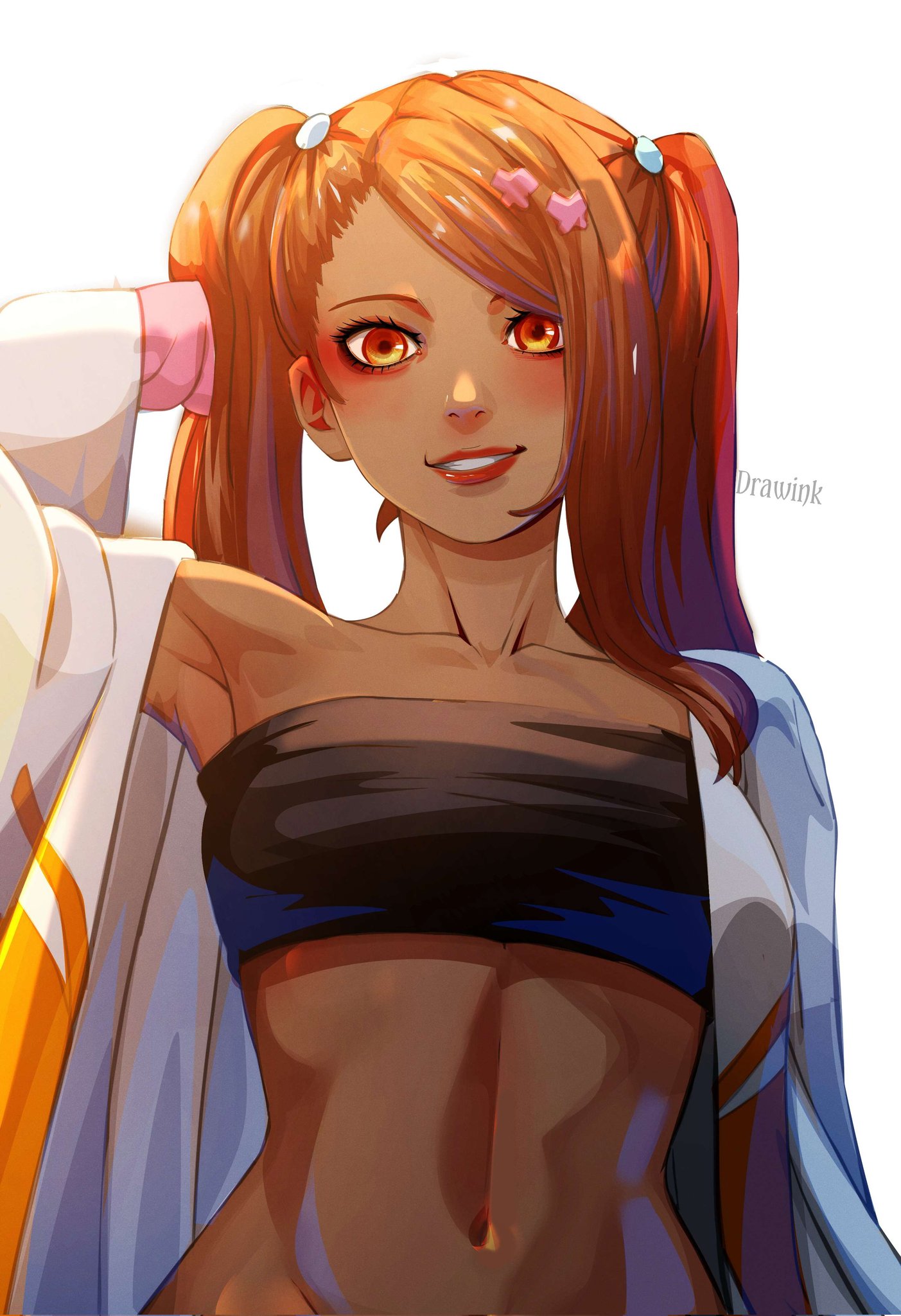 1girls, akimichi chouchou, akimichi chouchou (post-butterflymode), armpits, bandeau, bangs, boruto: naruto next generations, boruto: two blue vortex, breasts, brown eyes, brown hair, clothing, collarbone, crop top, dark skin, dark-skinned female, drawink, female, female only, hair ornament, hi res, jacket, lipstick, long hair, looking at viewer, makeup, medium breasts, midriff, naruto, naruto (series), navel, open clothes, orange eyes, orange hair, smile, solo, strapless, tube top, twintails, upper body