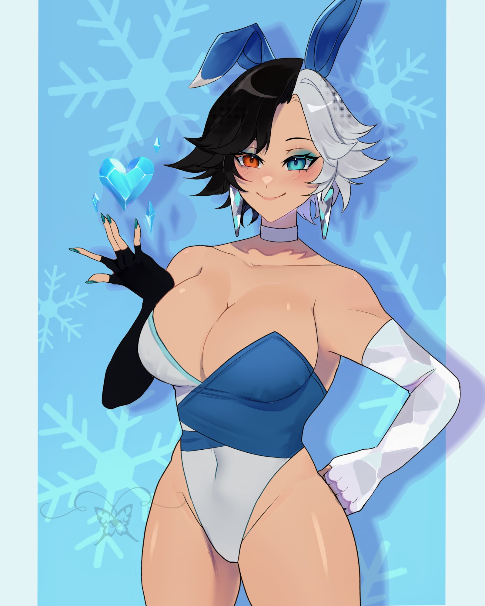 1girls, 2025, 2d, big breasts, breasts, bunny ears, bunnysuit, clothed, female, fully clothed, heart, heterochromia, luna snow, luna snow (marvel rivals), marvel, marvel comics, marvel rivals, multicolored hair, no visible genitalia, serahvt