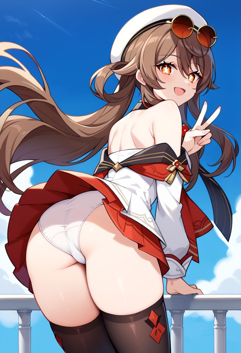 ai_generated alternate_costume ass ass_focus bare_shoulders blush brown_eyes brown_hair dress female from_behind from_below genshin_impact hat hu_tao_(cherries_snow-laden)_(genshin_impact) hu_tao_(genshin_impact) leaning leaning_forward long_hair looking_at_viewer looking_back official_alternate_costume open_mouth panties scarf short_dress smile solo sunglasses sunglasses_on_head thick_thighs thighhighs twintails upskirt very_long_hair