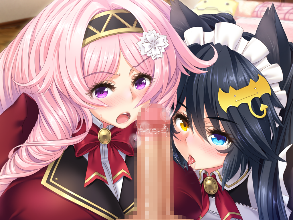 1boy 2girls animal_ears black_hair blush breasts cat_ears censored collaborative_fellatio drill_hair eyebrows_visible_through_hair fellatio ffm_threesome game_cg heterochromia highres hime_jiru huge_breasts light-skinned_female light-skinned_male light_skin long_hair looking_at_viewer maid maid_headdress mitsurugi_himeko mosaic_censoring multiple_girls ogin_bara open_mouth oral penis pink_hair purple_eyes teamwork threesome