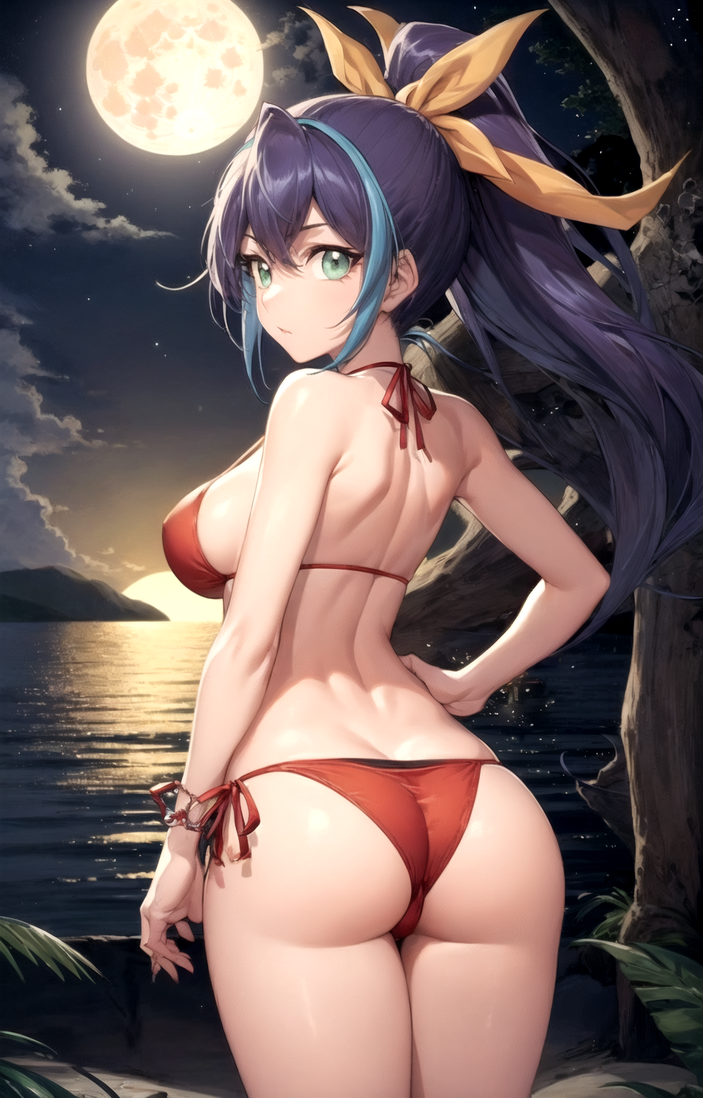 1girl ai_generated ass back bare_arms bare_back bare_shoulders beach bikini blue_hair bow bracelet breasts closed_mouth cloud cowboy_shot female from_behind full_moon green_eyes hair_between_eyes hair_ribbon hairbow halterneck hand_on_own_hip high_ponytail horizon jewelry large_breasts long_hair looking_at_viewer looking_back medium_breasts moon multicolored_hair night night_sky ocean outdoors pixiv ponytail purple_hair red_bikini rena_aikawa_(pixiv_user) ribbon serena_(yu-gi-oh!_arc-v) shoulder_blades side-tie_bikini_bottom sideboob sidelocks sky solo stable_diffusion standing star_(sky) starry_sky streaked_hair string_bikini swimsuit tagme thigh_gap thighs tree two-tone_hair water yellow_ribbon yu-gi-oh! yu-gi-oh!_arc-v