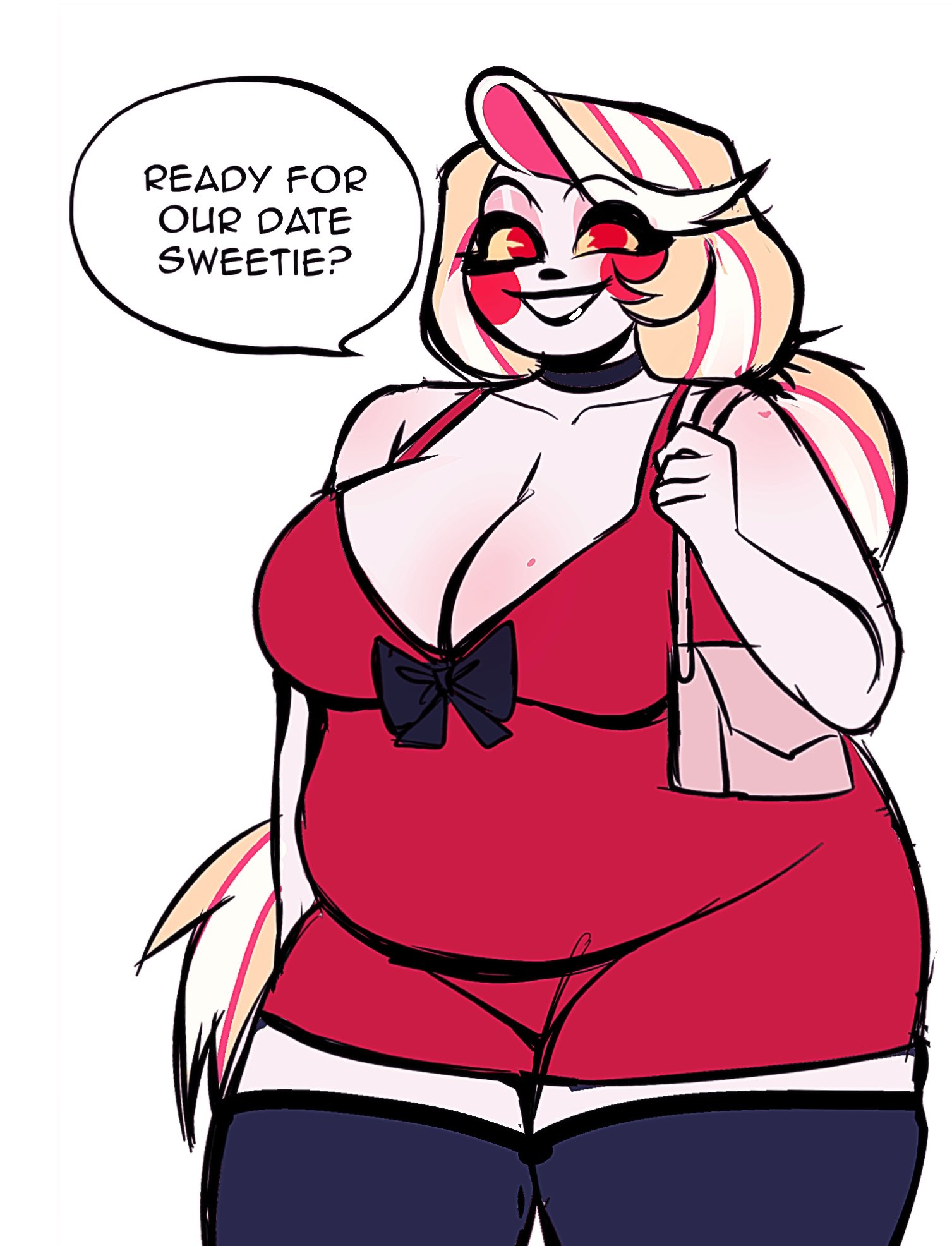 artiah669, ass, belly, big belly, big breasts, big thighs, breasts, charlie morningstar (hazbin hotel), chubby, chubby female, cleavage, fat, fat female, female, female focus, female only, fleshpie669, hazbin hotel, huge thighs, large breasts, overweight, overweight female, purse, red dress, thick, thick ass, thick thighs, thighhighs, thighs, vivienne medrano, wide hips