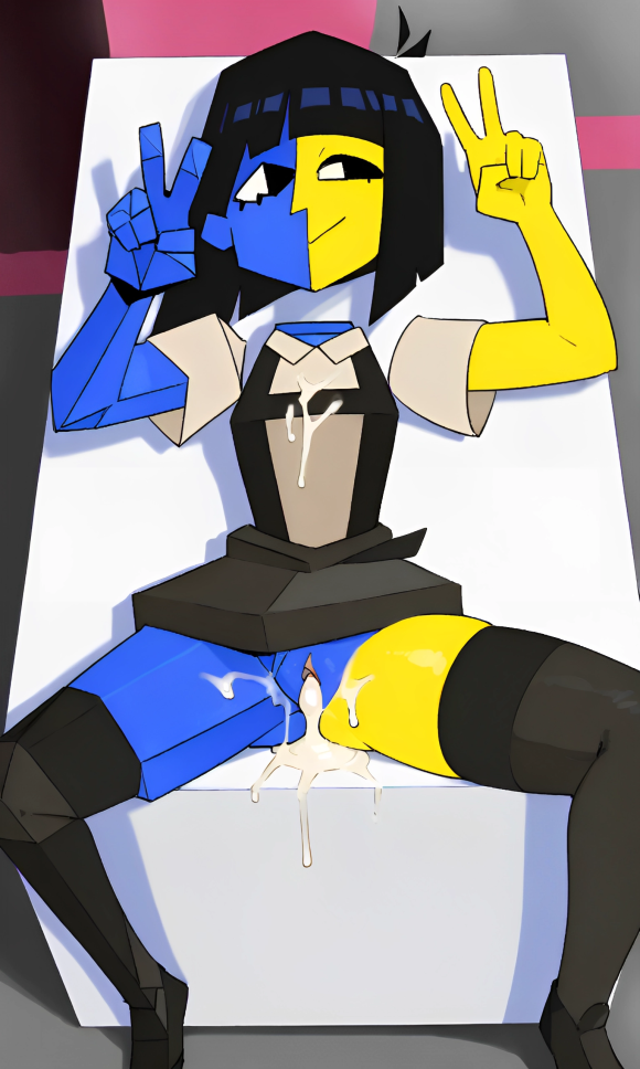 1girls 5_fingers after_sex ai_generated bangs black_eyes black_hair blue_skin bob_cut clothed cum cum_in_pussy cum_inside cum_leaking detached_arms detached_head double_peace_sign ena ena_(series) female floating_head laying_on_table legs_spread multicolored_skin oozing_cum pixai skirt smile thighhighs yellow_skin