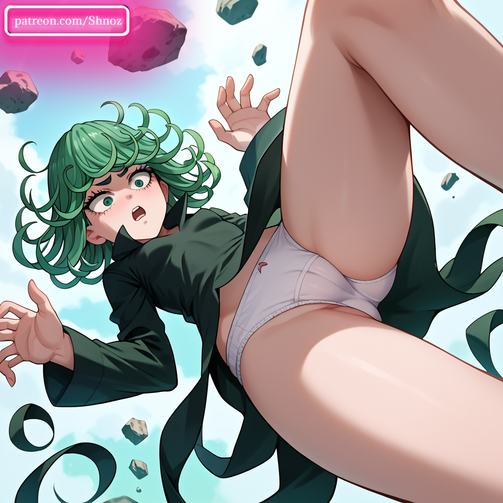 ai_generated cameltoe dress green_eyes green_hair panties pussy shocked short_hair tatsumaki vagina