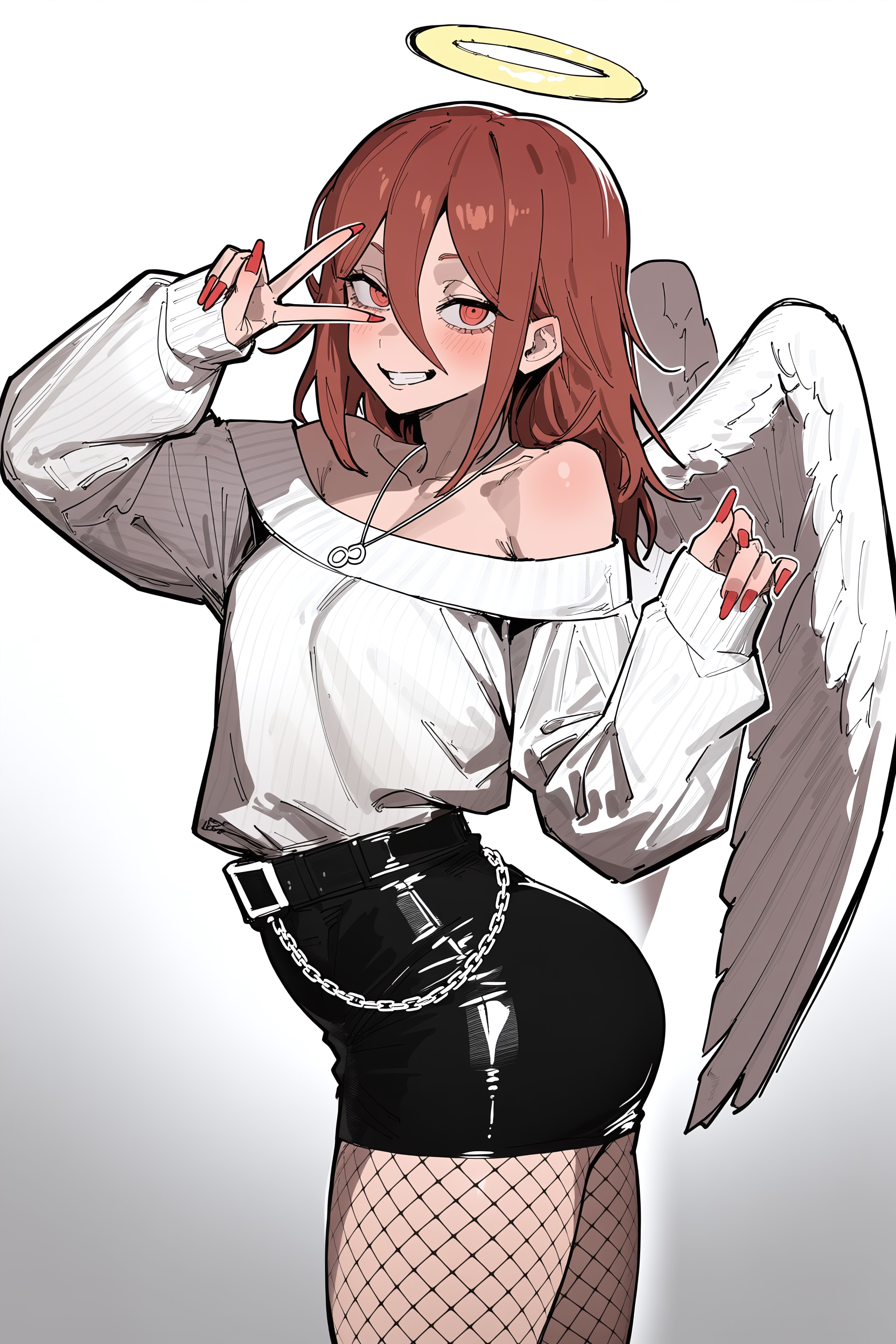 1boy, 1femboy, 2026, ai generated, angel devil (chainsaw man), angel wings, ass, big ass, chainsaw man, civitai, crossdressing, femboy, feminine male, fishnet pantyhose, fishnets, girly, halo, hips, looking at viewer, nail polish, pantyhose, red eyes, red hair, red nail polish, red nails, solo, standing, sweater, thighs, trap, white sweater, white top, white topwear, white wings, wide hips, wings
