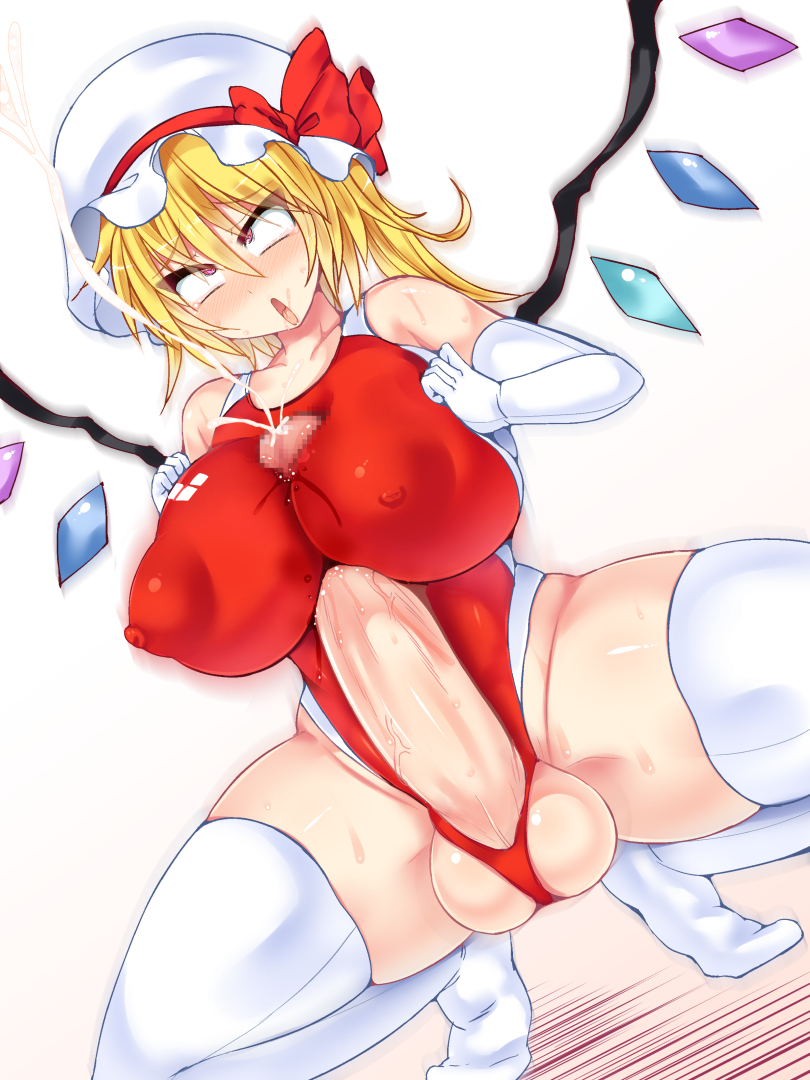 1futa ahe_gao autopaizuri balls blonde_hair blush breasts censored cleavage ejaculation erect_nipples erection flandre_scarlet futa_only futanari hair hisui_(stapspats) intersex leotard nipples paizuri penis solo squat stapspats testicles thighhighs touhou voluptuous white_legwear