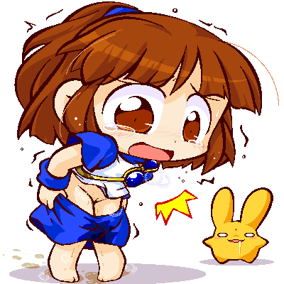 arle_nadja armor artist_request blush brown_eyes brown_hair carbuncle_(puyo_puyo) chibi compile female hyper_eyes madou_monogatari ponytail pussy puyo_puyo puyo_puyo_fever sega shoulder_pads skirt tied_hair uncensored wristband