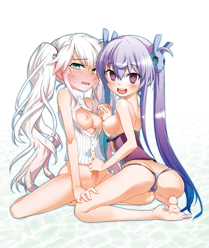 2girls ass barefoot blush breasts corset futa_with_female futanari green_eyes hair hair_ornament hitotose_rin intersex long_hair looking_at_viewer memento_(sennen_sensou_aigis) more_at_source multiple_girls navel nipples open_mouth penis purple_eyes purple_hair sennen_sensou_aigis silver_hair sitting skull_hair_ornament smile sybilla tied_hair twintails unbuttoned very_long_hair wariza