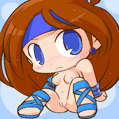 arm_support artist_request blue_eyes blush bracelet breasts brown_hair chibi diane_(monster_maker) earring female headband huge_head hyper_eyes jewelry long_hair lowres monster_maker navel nipples nude pussy sitting solo spread_legs tagme uncensored