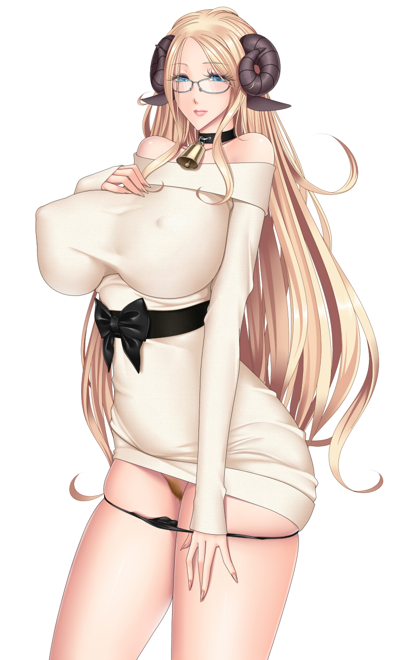 animal ears, bare shoulders, baru (val-val), bell, belt, black panties, blonde hair, blue eyes, breasts, collar, collarbone, curvy, erect nipples, female, glasses, goat ears, goat horns, highres, horns, huge breasts, lips, long hair, looking at viewer, milf, miniskirt, monster girl, nail polish, nipples, original, panties, panty pull, pubic hair, pussy, simple background, skirt, solo, standing, uncensored, upskirt, white background