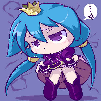 7th_dragon artist_request blue_hair blush chibi crown female long_hair low_twintails lowres momomeno_(7th_dragon) no_panties purple_eyes pussy solo tied_hair twintails uncensored