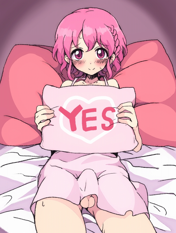 1boy androgynous balls bed_sheet blush braid crossdressing dress embarrassed erection erection_under_clothes femboy girly leona_west looking_at_viewer lying male male_only motsu_aki penis penis_under_dress pillow pink_hair pripara purple_eyes smile solo sundress sweat sweatdrop testicles tied_hair wholesome yes-no_pillow