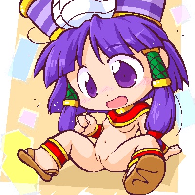 anklet arm_support blush bracelet breasts chibi cleopatra_fortune female hair_tubes hat jewelry lowres navel nipples nude open_mouth patrako purple_eyes purple_hair pussy sandals shino_(pixiv) shoes sinogo sitting small_breasts solo spread_legs tagme uncensored