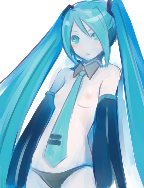 flat_chest ha-ru hatsune_miku long_hair nipples panties tied_hair topless twintails underwear very_long_hair vocaloid