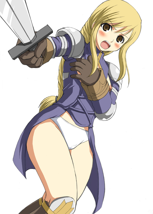 agrias_oaks akino_hamo blonde_hair blush braid drill_hair female female_only final_fantasy final_fantasy_tactics final_fantasy_tactics_(original) human long_hair panties single_braid solo sword underwear weapon yellow_eyes