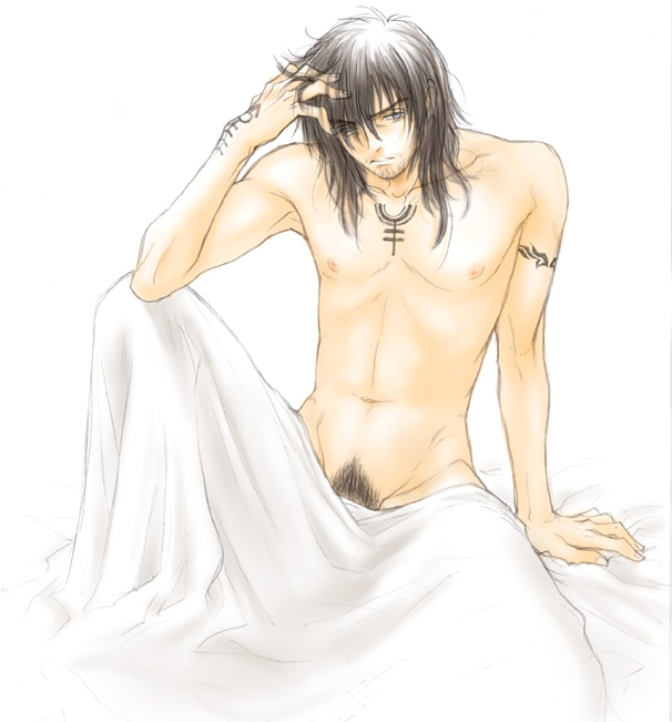 beard bed_sheet black_hair blanket bored harry_potter light-skinned_male light_skin long_hair male male_only nude on_bed pubic_hair simple_background sirius_black sitting sitting_on_bed solo tagme tattoo white_background yukipon