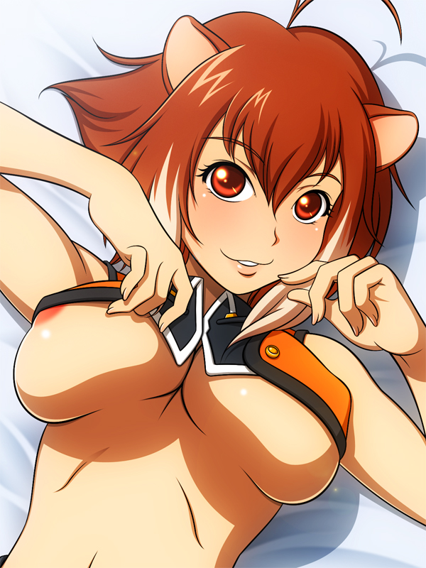 animal ears, areola, big breasts, blazblue, blush, breasts, brown eyes, brown hair, cleavage, female, hair, looking at viewer, lying, makoto nanaya, navel, nipples, on back, rodent, solo, squirrel, underboob, 伊藤はぢめ