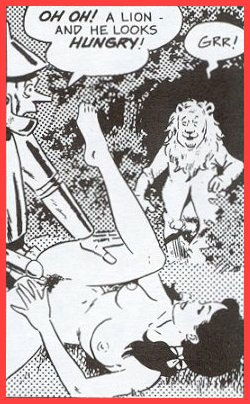 bill_ward border caught cowardly_lion dorothy_gale english_text erection imminent_sex metro-goldwyn-mayer missionary_position pubic_hair red_border small_breasts speech_bubble text the_wizard_of_oz tin_man