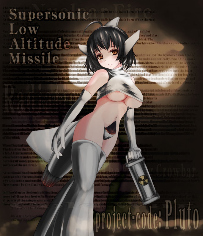 1girls aircraft anthro black_hair breasts crop_top elbow_gloves female gloves large_breasts maebari mecha_musume military missile ne_hostler nipple_slip nipples original personification project_pluto radiation_symbol radioactive short_hair solo supersonic_low_altitude_missile thighhighs underboob weapon yellow_eyes