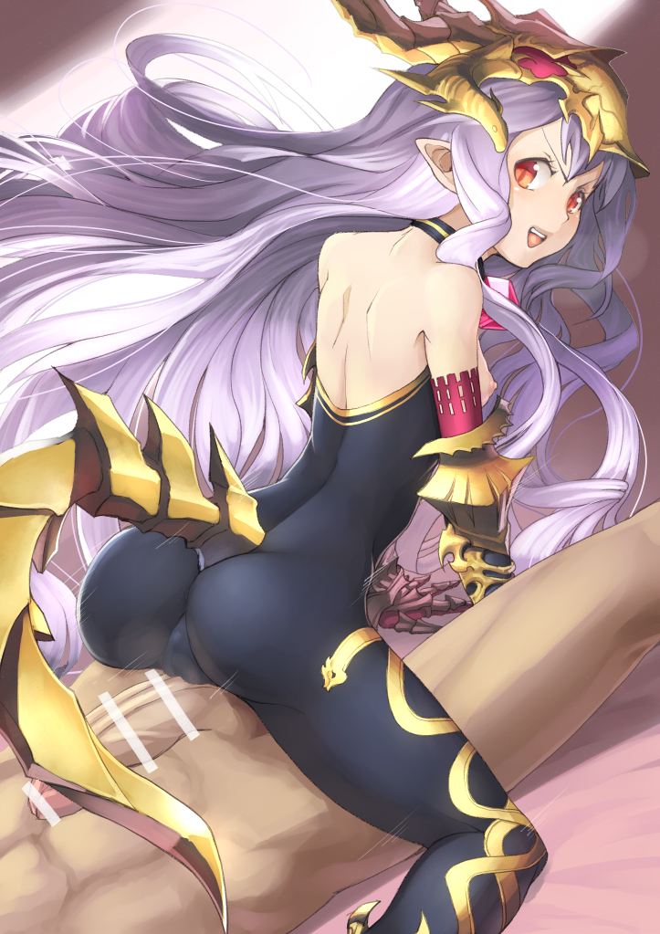 1boy ass bar_censor bare_back bare_shoulders bodysuit cameltoe censored clothed_female_nude_male cowgirl_position elbow_gloves female frottage gauntlets gloves granblue_fantasy lavender_hair long_hair looking_back mechanical_tail medusa_(shingeki_no_bahamut) nipples open_mouth orange_eyes penis pointy_ears sasebono_mari shingeki_no_bahamut skin_tight small_breasts tail