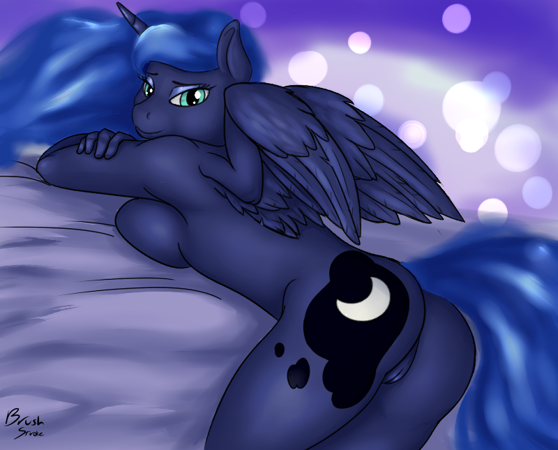 2017 abstract_background alicorn anthro ass bed bedroom_eyes blue_feathers blue_hair breast_squish breasts brushstroke cutie_mark equine eyebrows eyelashes eyeshadow feathered_wings feathers female friendship_is_magic hair half-closed_eyes horn looking_at_viewer looking_back lying makeup mammal mascara my_little_pony nude on_bed on_front portrait pose presenting princess_luna_(mlp) pussy seductive sideboob signature smile solo teal_eyes wings