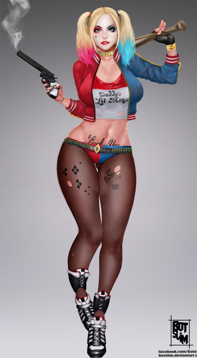 1girls, baseball bat, batman (series), belt, biting lip, blonde hair, blue eyes, blue hair, boots, botslim, bracelet, breasts, busty, choker, cleavage, clown makeup, collar, dc, dc comics, dc extended universe, dyed hair, eyelashes, eyeliner, eyeshadow, female, female only, fingerless gloves, firearm, fishnet, fishnet pantyhose, fishnet stockings, fully clothed, gloves, gun, handgun, harley quinn, human, jacket, large breasts, lips, lipstick, long hair, makeup, multicolored hair, nail polish, navel, pale skin, pink hair, pistol, revolver, shirt, shorts, solo, spiked bracelet, stockings, suicide squad, tattoo, tattoos, thighs, three-tone hair, tied hair, torn clothes, twintails, voluptuous, weapon