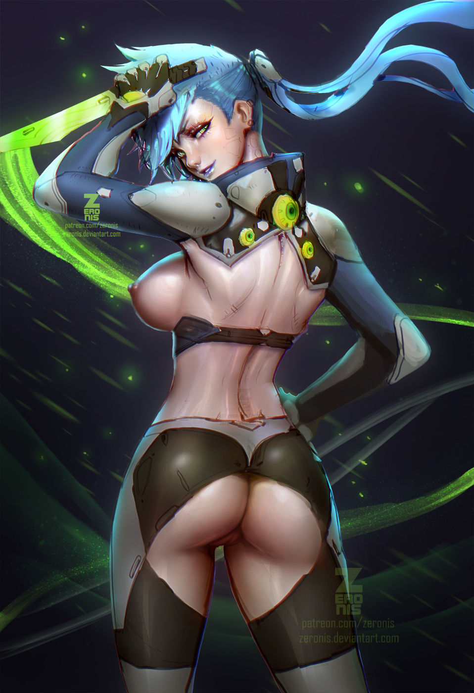 1girls ass blue_hair breasts female female_only looking_back nipples paul_kwon pussy solo standing weapon zeronis