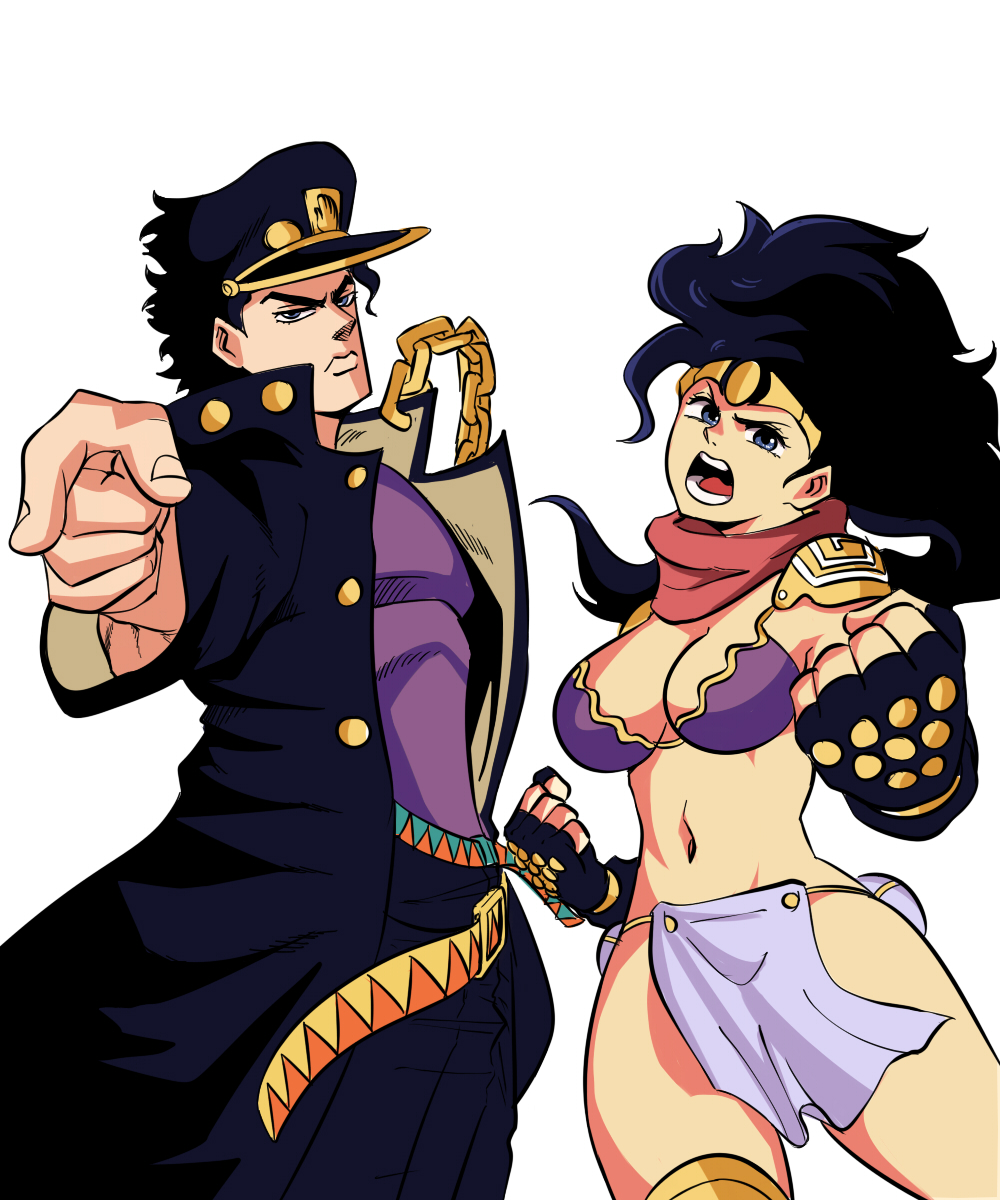 1boy 1girls 2021 5:6 belt black_clothing black_gloves black_hair blue_eyes breasts cap chains clothed clothing female fingerless_gloves fully_clothed genderswap_(mtf) gloves hat headband highres humanized jacket jojo's_bizarre_adventure jotaro_kujo loincloth long_hair looking_at_viewer male medium_breasts midriff muscles muscular muscular_male navel open_clothes open_jacket open_mouth pants pointing pointing_at_viewer pose revealing_clothes rule_63 scarf school_uniform serious shirt short_hair shoulder_pads simple_background stand_(jjba) standing star_platinum stardust_crusaders teeth thighs tight_clothing tight_shirt tinafate1 tongue uniform white_background