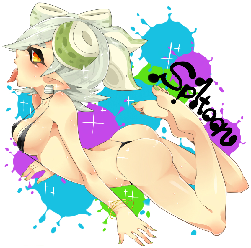 animal humanoid, anthro, ass, bikini, blush, breasts, cephalopod, cephalopod humanoid, earrings, female, humanoid, inkling, kyouka., marie (splatoon), mask (marking), nintendo, open mouth, pointy ears, pseudo hair, silver hair, solo, splatoon, splatoon (series), squid, squid sisters, straight hair, swim suit, tentacle, tentacle hair, tongue, tongue out, yellow eyes