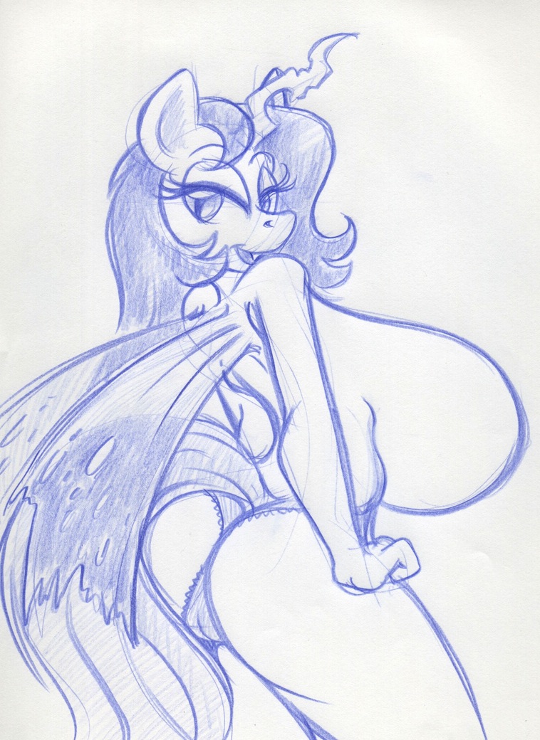 2015 anthro anthrofied ass bedroom_eyes breasts cameltoe changeling clothing female friendship_is_magic hair half-closed_eyes holes horn huge_breasts king-cheetah looking_at_viewer my_little_pony panties pussy queen_chrysalis_(mlp) sideboob sketch slit_pupils smooth_skin solo underwear wings