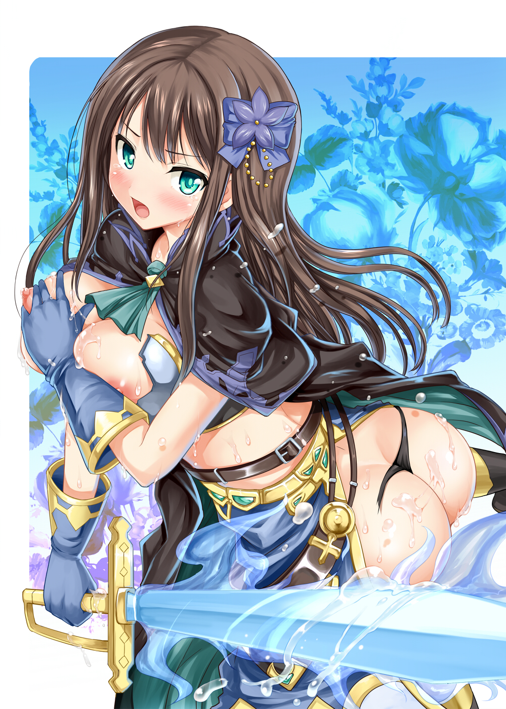 akino_hamo ass breasts brown_hair butt_crack cape cum cum_on_body female gloves granblue_fantasy green_eyes highres idolmaster idolmaster_cinderella_girls long_hair nipples shibuya_rin solo sword thong torn_thong weapon